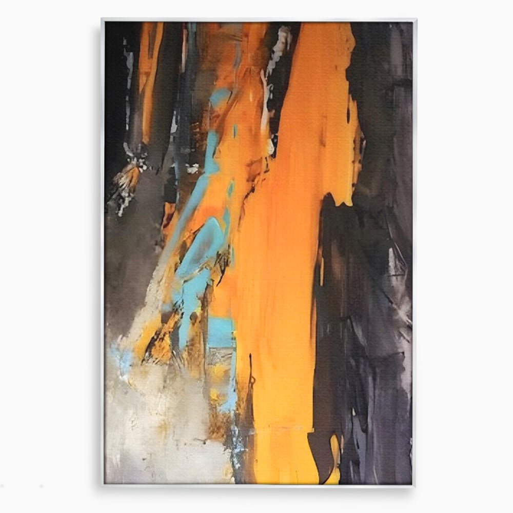 Tablou canvas cu pictura abstracta cu pete portocalii, in rama de aluminiu argintiu